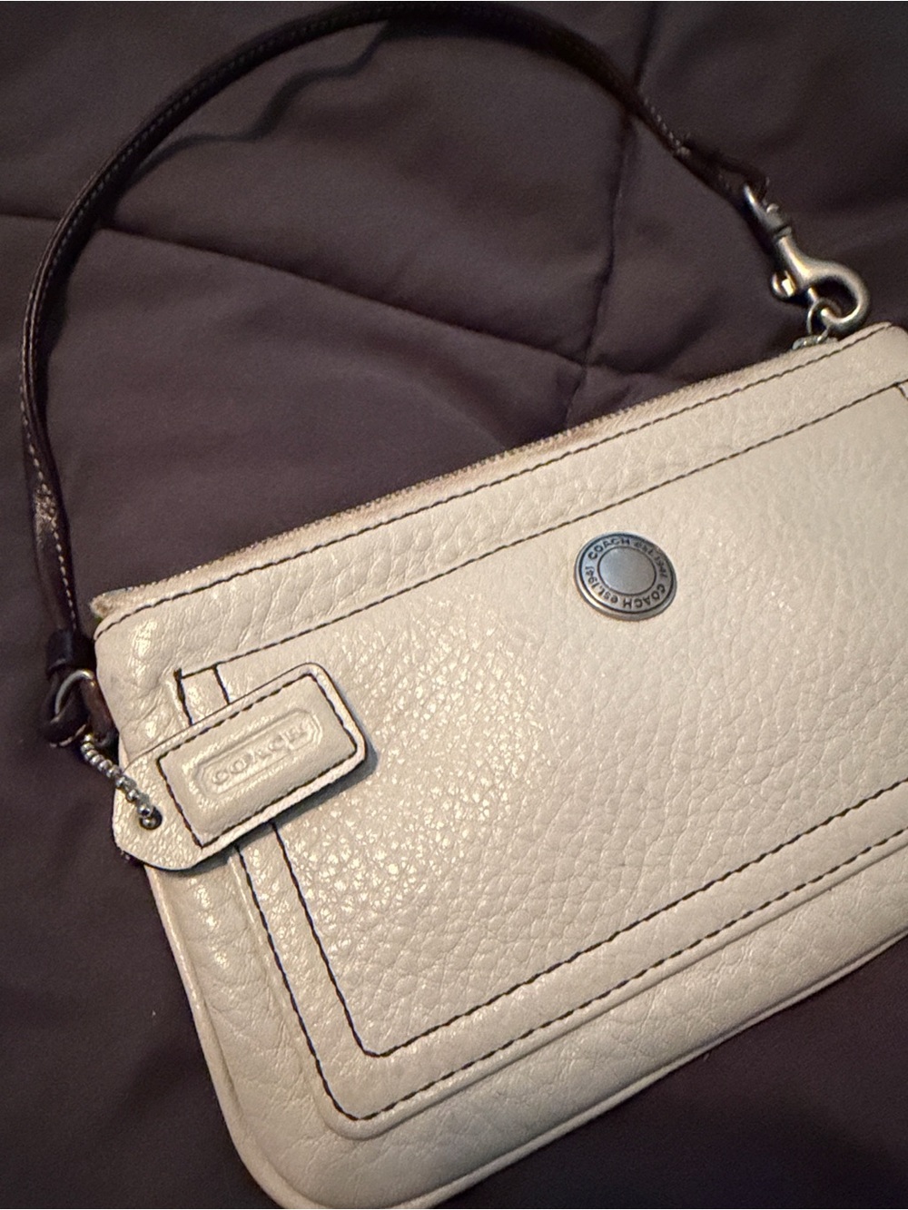 Coach Pebbled Leather Wristlet in Light Beige and Dark Brown Strap